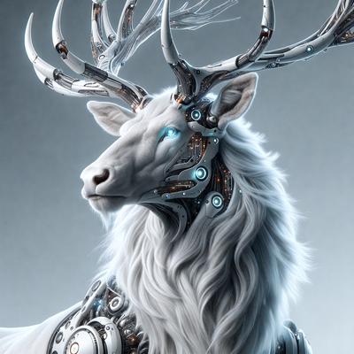 The primary subject of the image is a white deer with a long, flowing mane. The deer has a futuristic, robotic appearance, with a mix of mechanical and organic elements. The setting is a gray background, which contrasts with the white deer and its mechanical features. The visual style is a combination of digital art and illustration, creating a unique and intriguing image. The colors and mood are predominantly white and gray, giving the image a clean and modern feel.